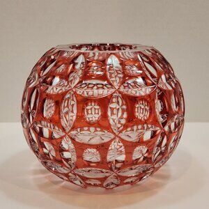 Striking 80s Cranberry Red & Clear Crystal Rose Bowl Vase 6 Inch Diameter
